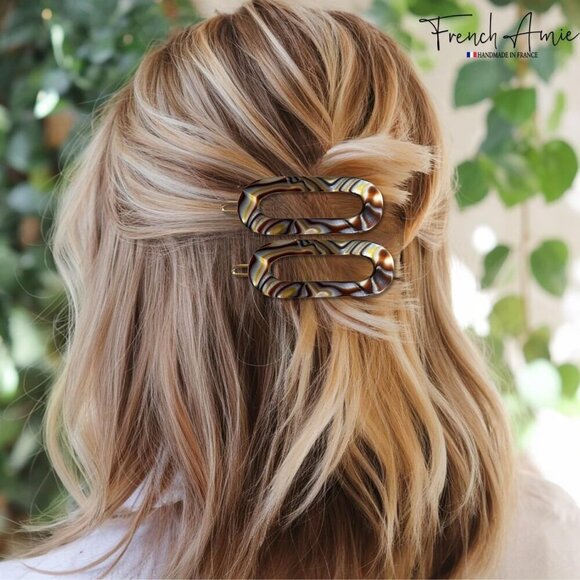 Mini Oval Celluloid Hair Clips Silver Onyx 2 Pcs Tige Boule French Style main image 5
